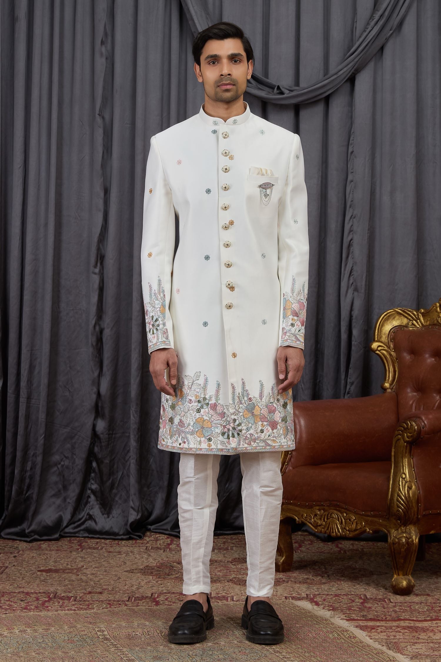 White Jacquard Wedding Kurta for Men & Pajama Sherwani