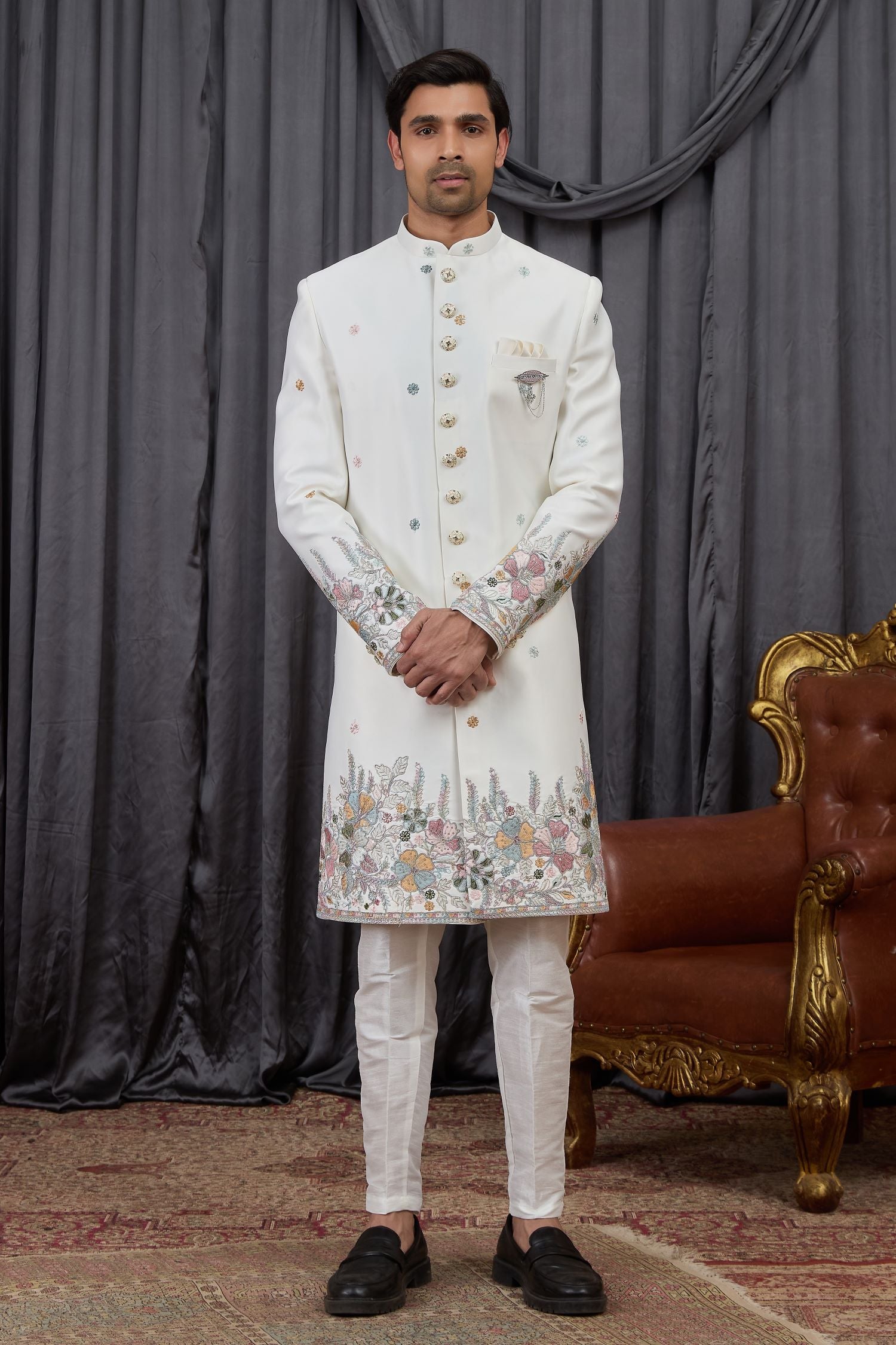 White Jacquard Wedding Kurta for Men & Pajama Sherwani