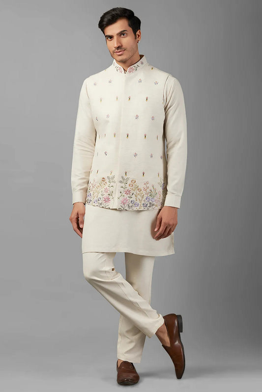 Off White Linen Men's Wedding Suit Kurta with Waistcoat and Pant - Embroidery Work