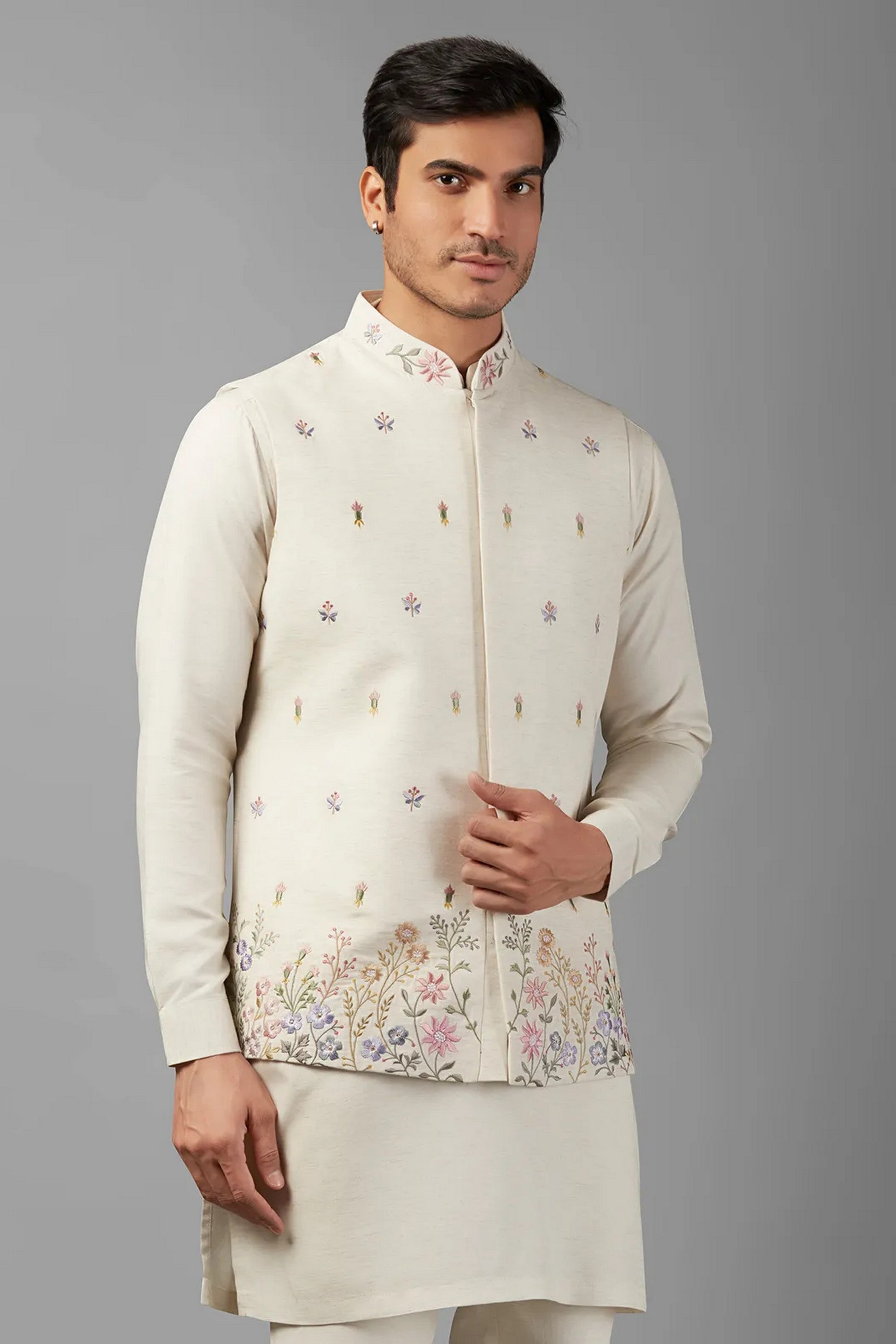 Off White Linen Men's Wedding Suit Kurta with Waistcoat and Pant - Embroidery Work