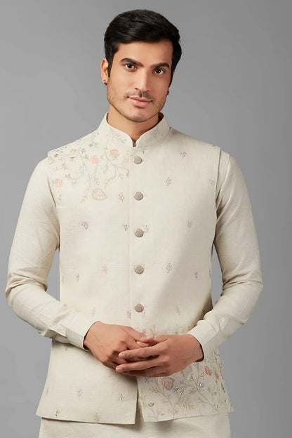 Off White Linen Men's Wedding Suit Kurta with Waistcoat & Pant - Embroidery Work
