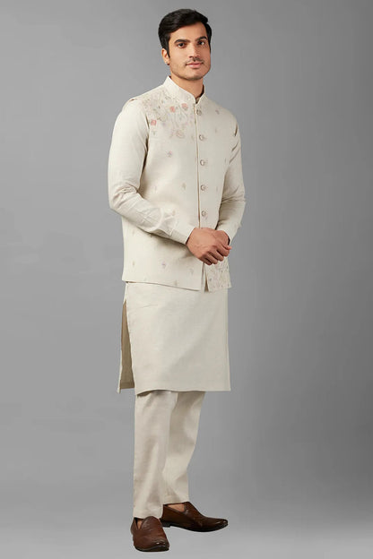 Off White Linen Men's Wedding Suit Kurta with Waistcoat & Pant - Embroidery Work