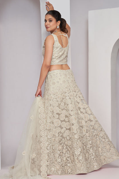 Off White Soft Net Lehenga Choli For Indian Festivals & Weddings - Sequins Work, Dori Work, Zarkan Work, Mirror, Resham