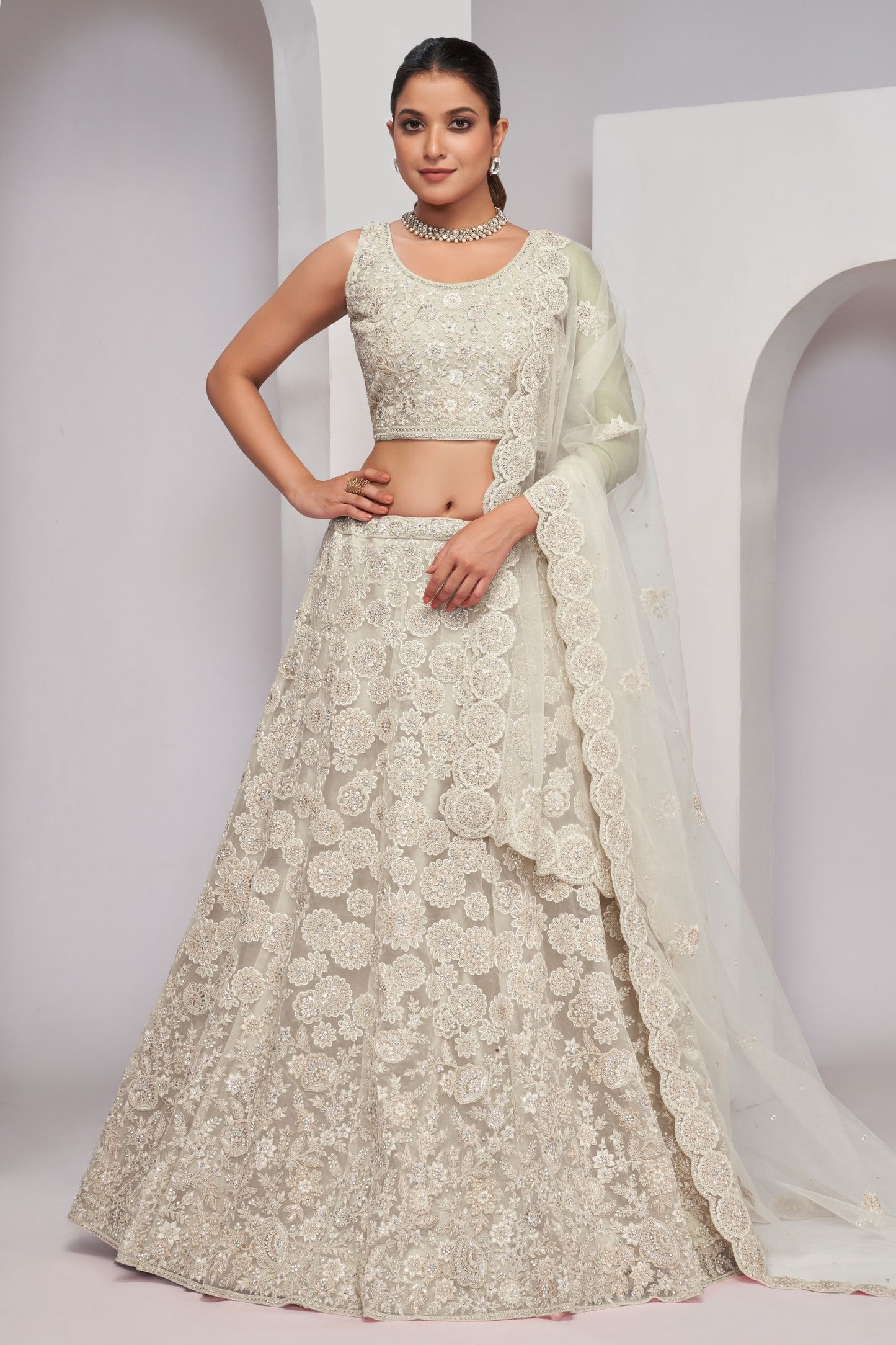 Off White Soft Net Lehenga Choli For Indian Festivals & Weddings - Sequins Work, Dori Work, Zarkan Work, Mirror, Resham