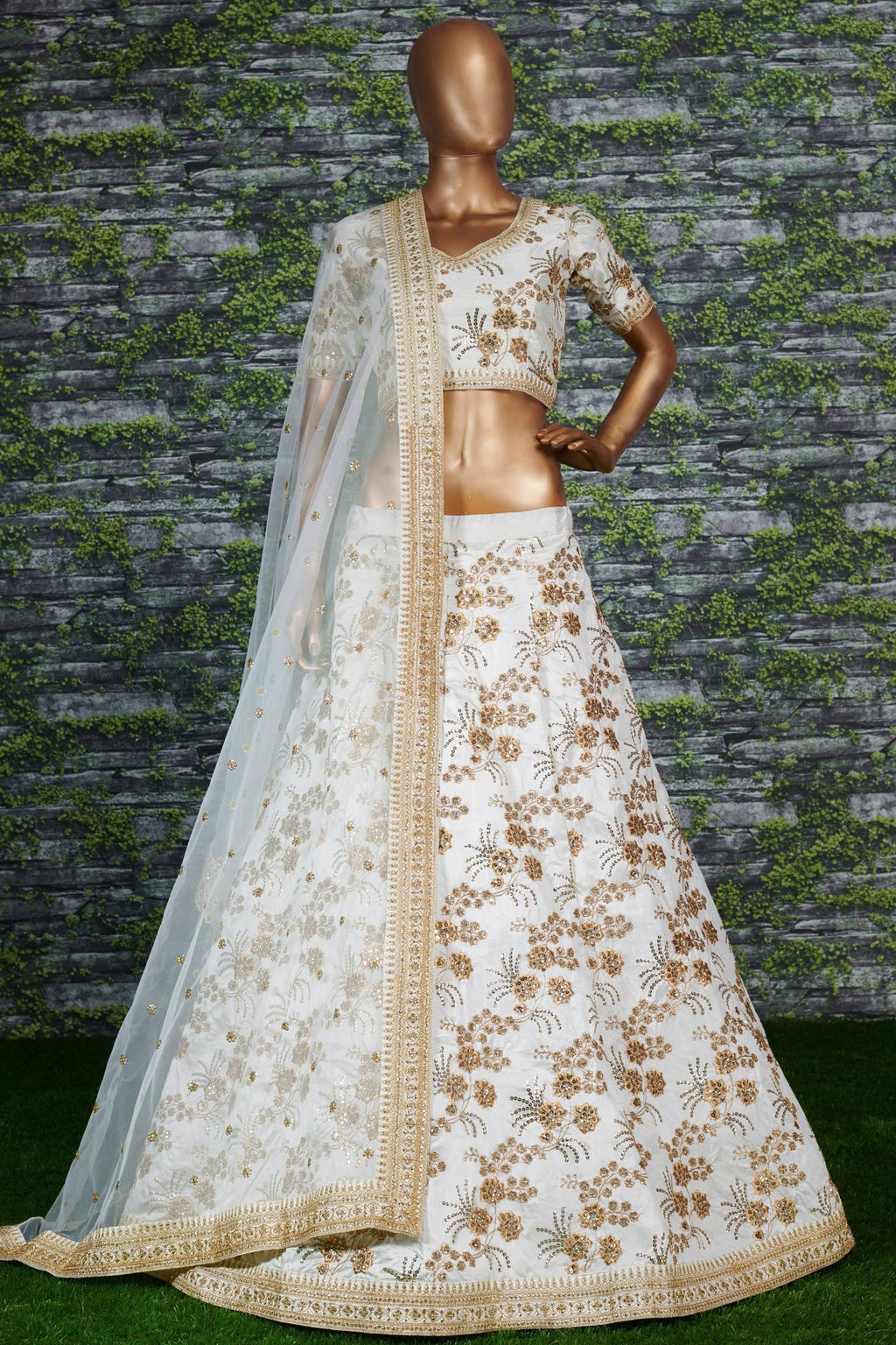 White Slub Silk Lehenga Choli For Indian Festivals & Pakistani Weddings Dress - Sequence Embroidery Work, Zari Work