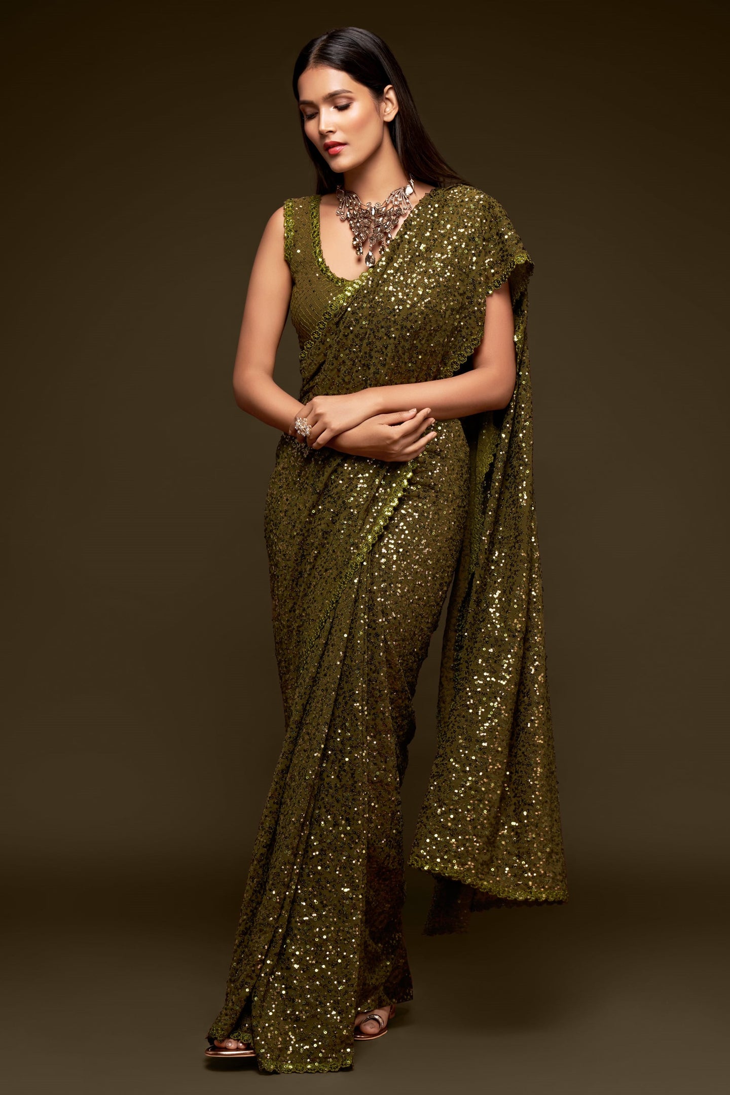 Mahendi Georgette Party Wear Saree with Sequins Embroidery Blouse and Underskirt