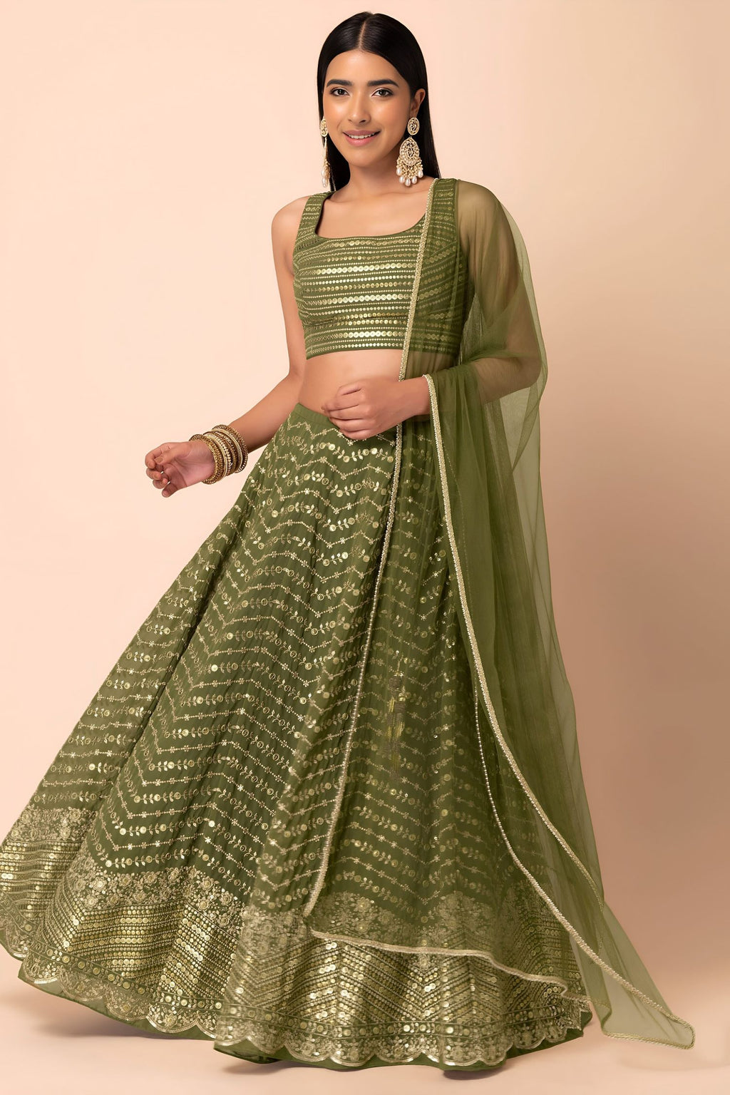 Green Georgette Lehenga Choli for Mehendi with Sequins and Thread Embroidery Work