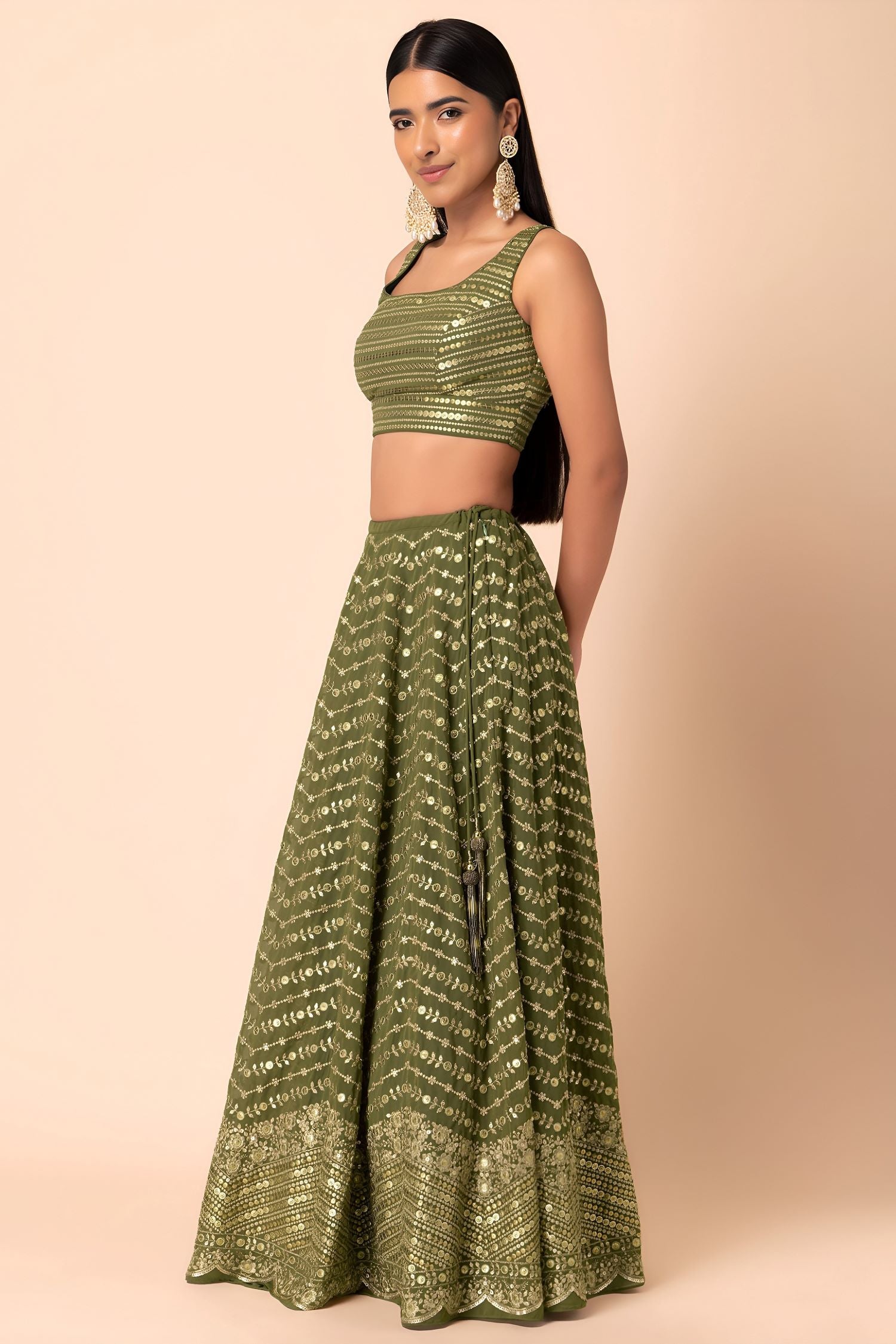 Green Georgette Lehenga Choli for Mehendi with Sequins and Thread Embroidery Work