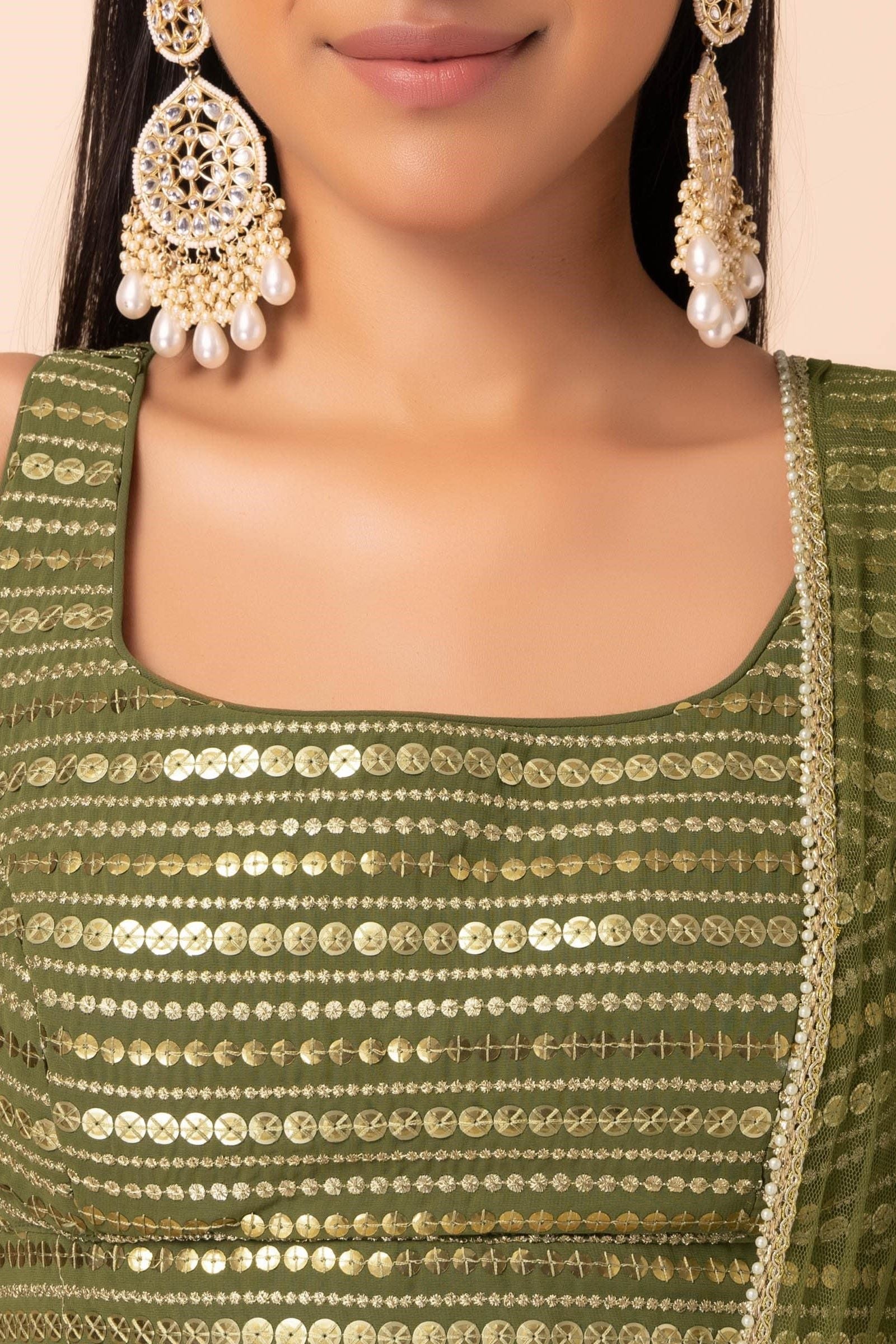 Green Georgette Lehenga Choli for Mehendi with Sequins and Thread Embroidery Work