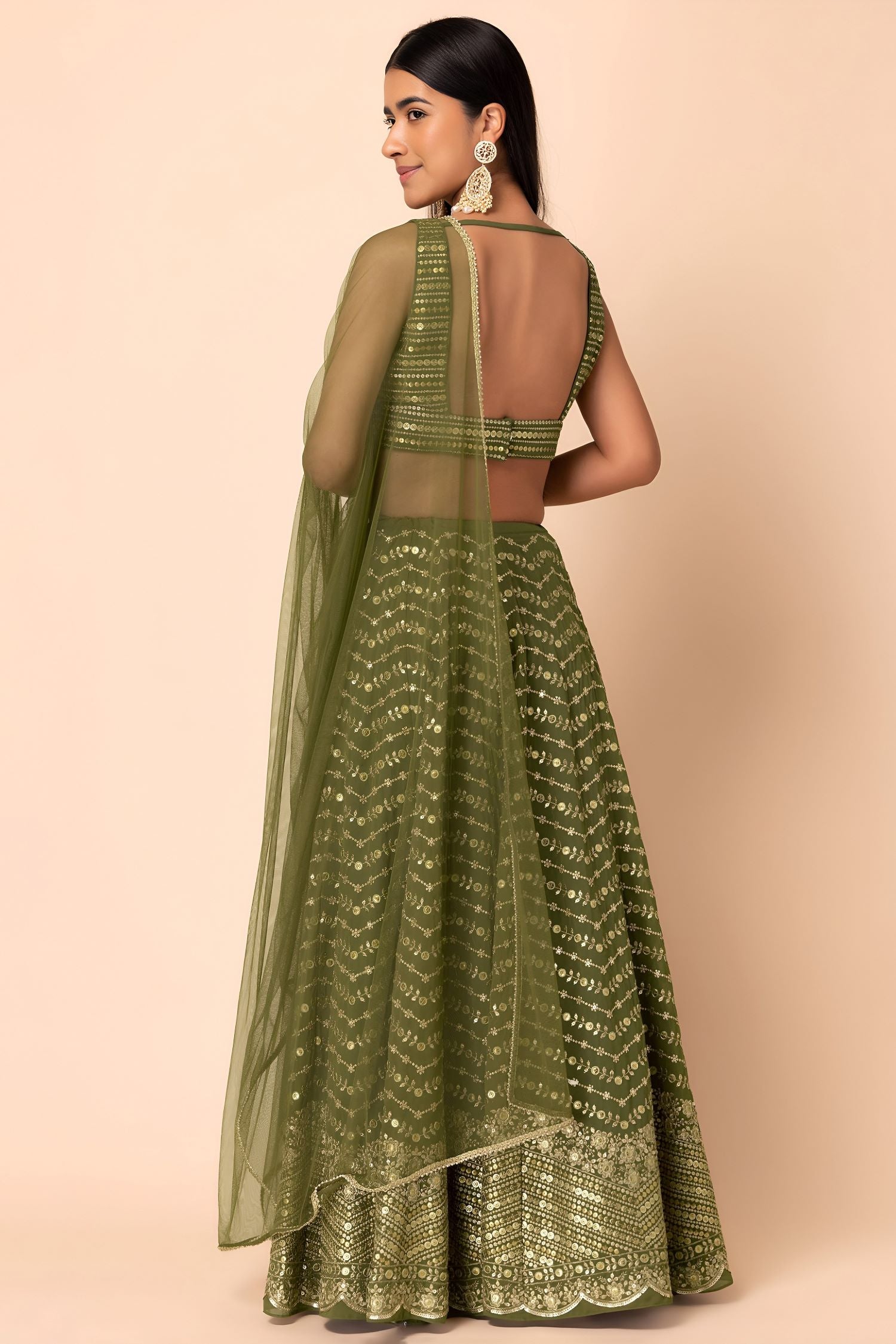 Green Georgette Lehenga Choli for Mehendi with Sequins and Thread Embroidery Work