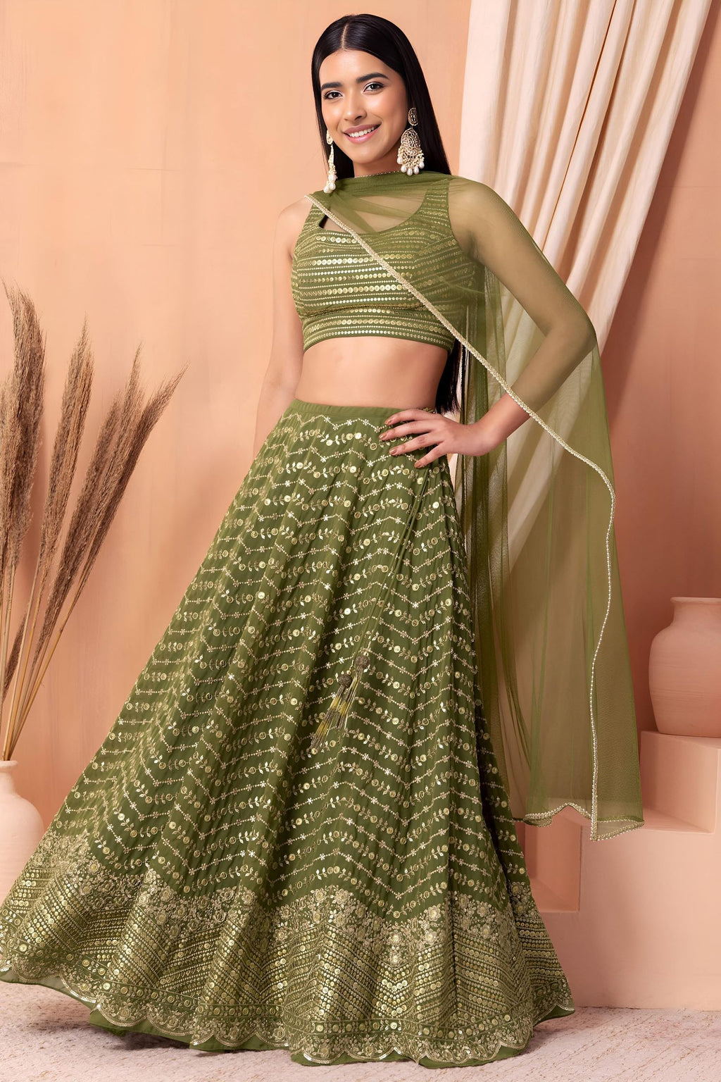 Green Georgette Lehenga Choli for Mehendi with Sequins and Thread Embroidery Work