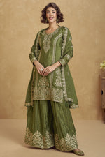 Olive Green Chinon Silk Palazzo Suit For Indian Wedding & Pakistani Festival - Embroidery Work