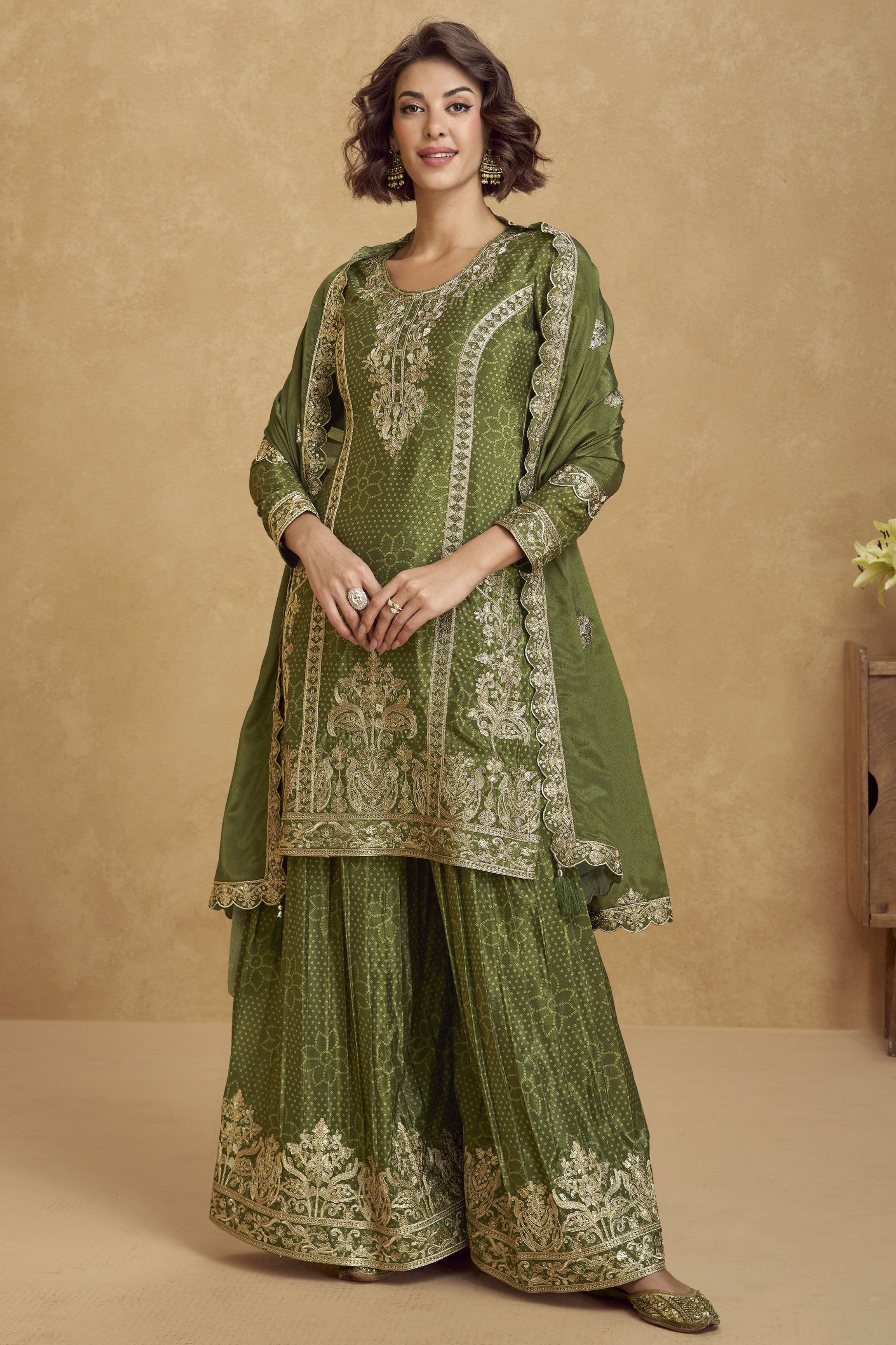 Olive Green Chinon Silk Palazzo Suit For Indian Wedding & Pakistani Festival - Embroidery Work
