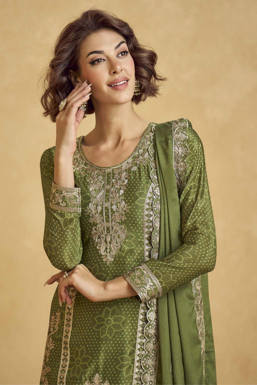 Olive Green Chinon Silk Palazzo Suit For Indian Wedding & Pakistani Festival - Embroidery Work