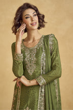 Olive Green Chinon Silk Palazzo Suit For Indian Wedding & Pakistani Festival - Embroidery Work