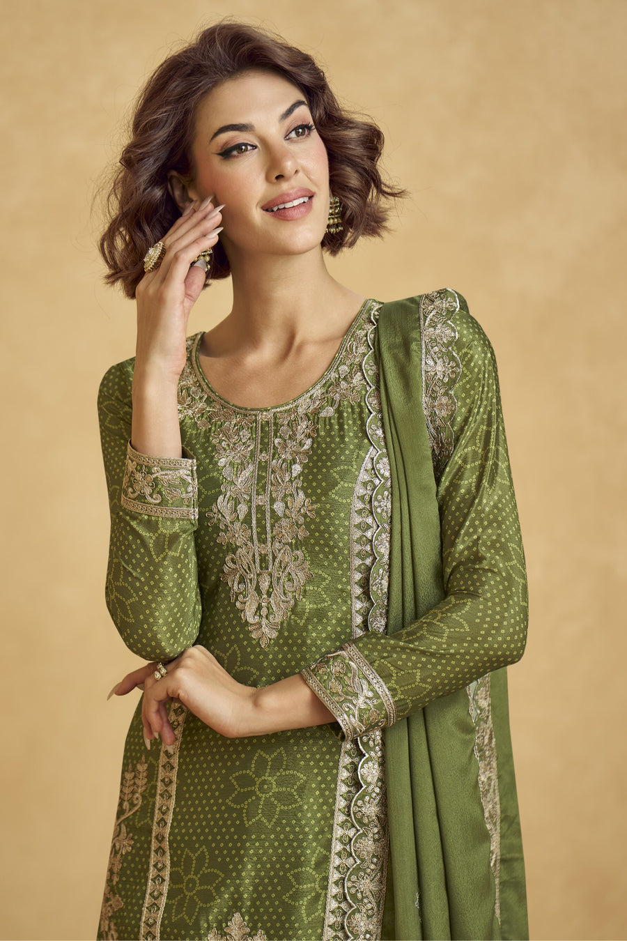 Olive Green Chinon Silk Palazzo Suit For Indian Wedding & Pakistani Festival - Embroidery Work