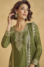 Olive Green Chinon Silk Palazzo Suit For Indian Wedding & Pakistani Festival - Embroidery Work