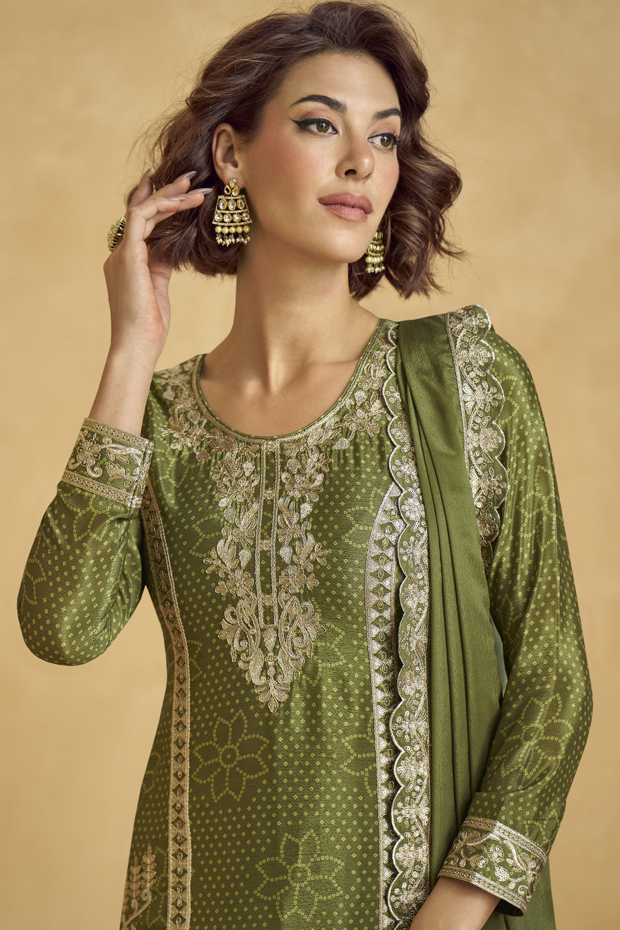Olive Green Chinon Silk Palazzo Suit For Indian Wedding & Pakistani Festival - Embroidery Work