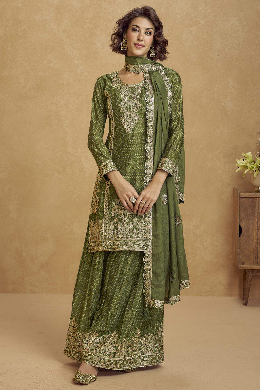Olive Green Chinon Silk Palazzo Suit For Indian Wedding & Pakistani Festival - Embroidery Work