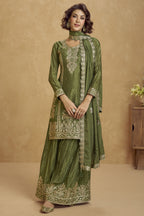 Olive Green Chinon Silk Palazzo Suit For Indian Wedding & Pakistani Festival - Embroidery Work