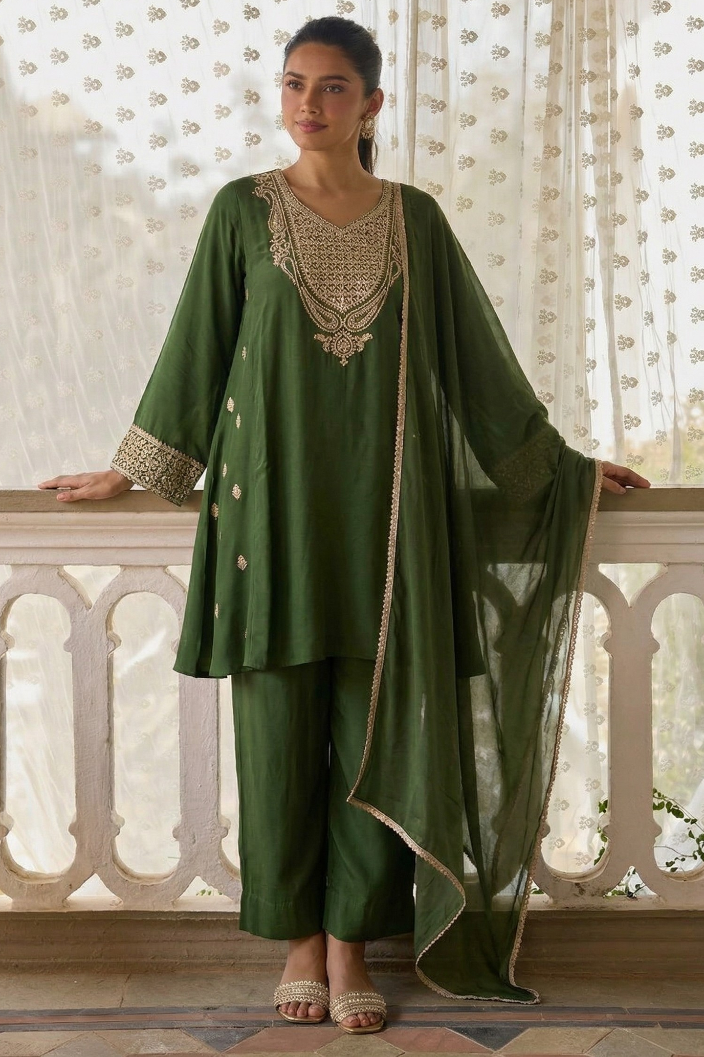 Olive Green Cotton Silk Embroidery Loose Fit A Line Kurta Set for Women