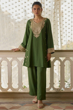 Olive Green Cotton Silk Embroidery Loose Fit A Line Kurta Set for Women