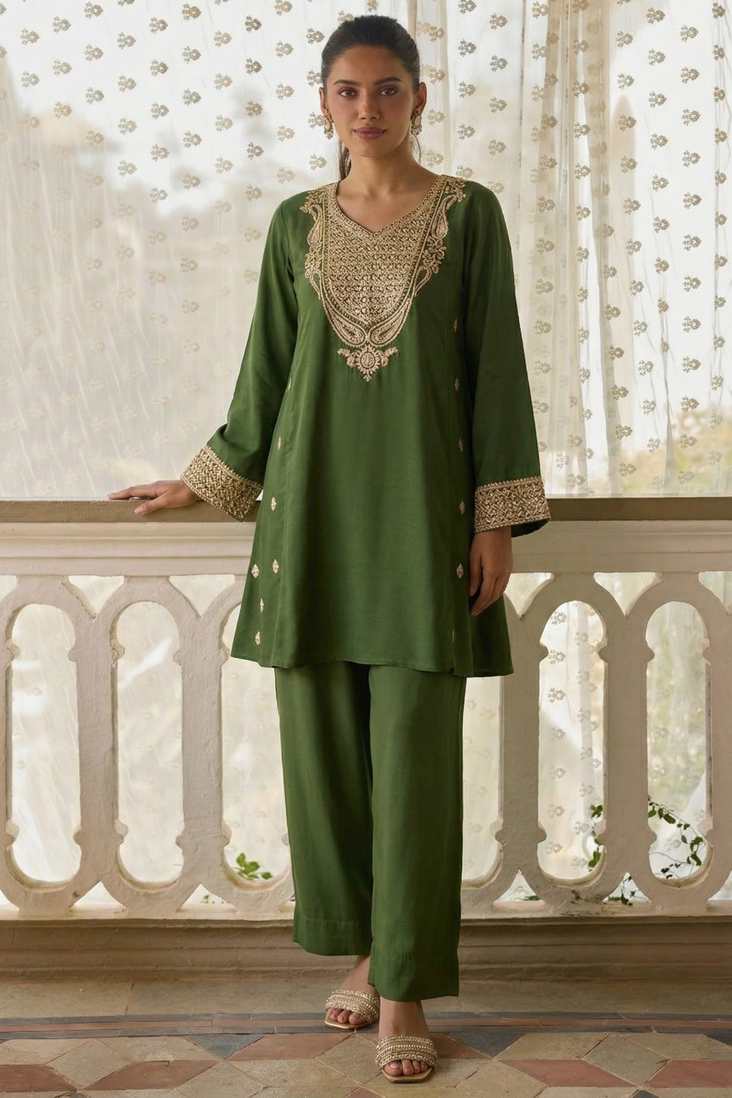 Olive Green Cotton Silk Embroidery Loose Fit A Line Kurta Set for Women