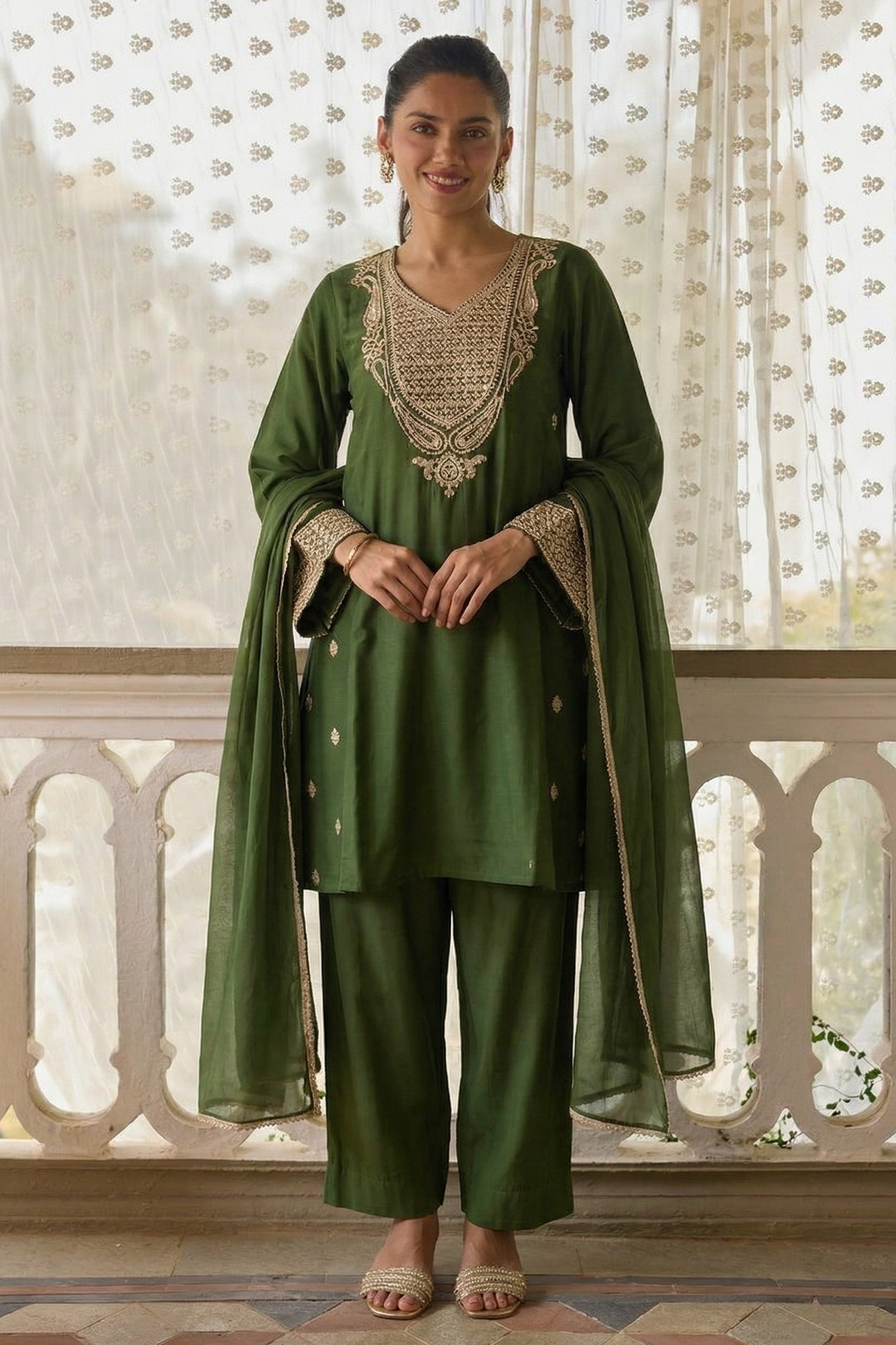 Olive Green Cotton Silk Embroidery Loose Fit A Line Kurta Set for Women