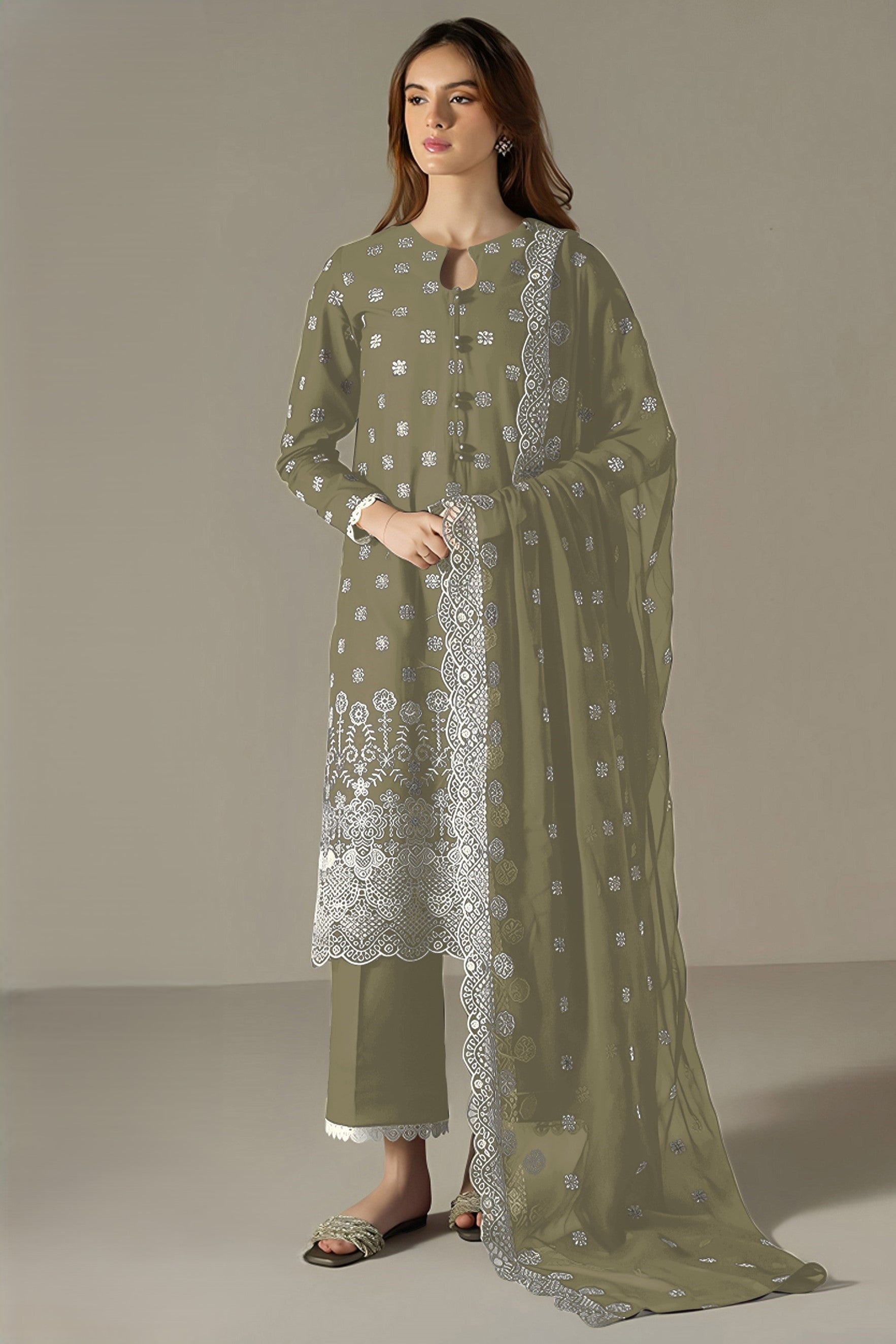 Olive Green Georgette Kameez With Pant For Indian & Pakistani Wedding Festival - Embroidery Work