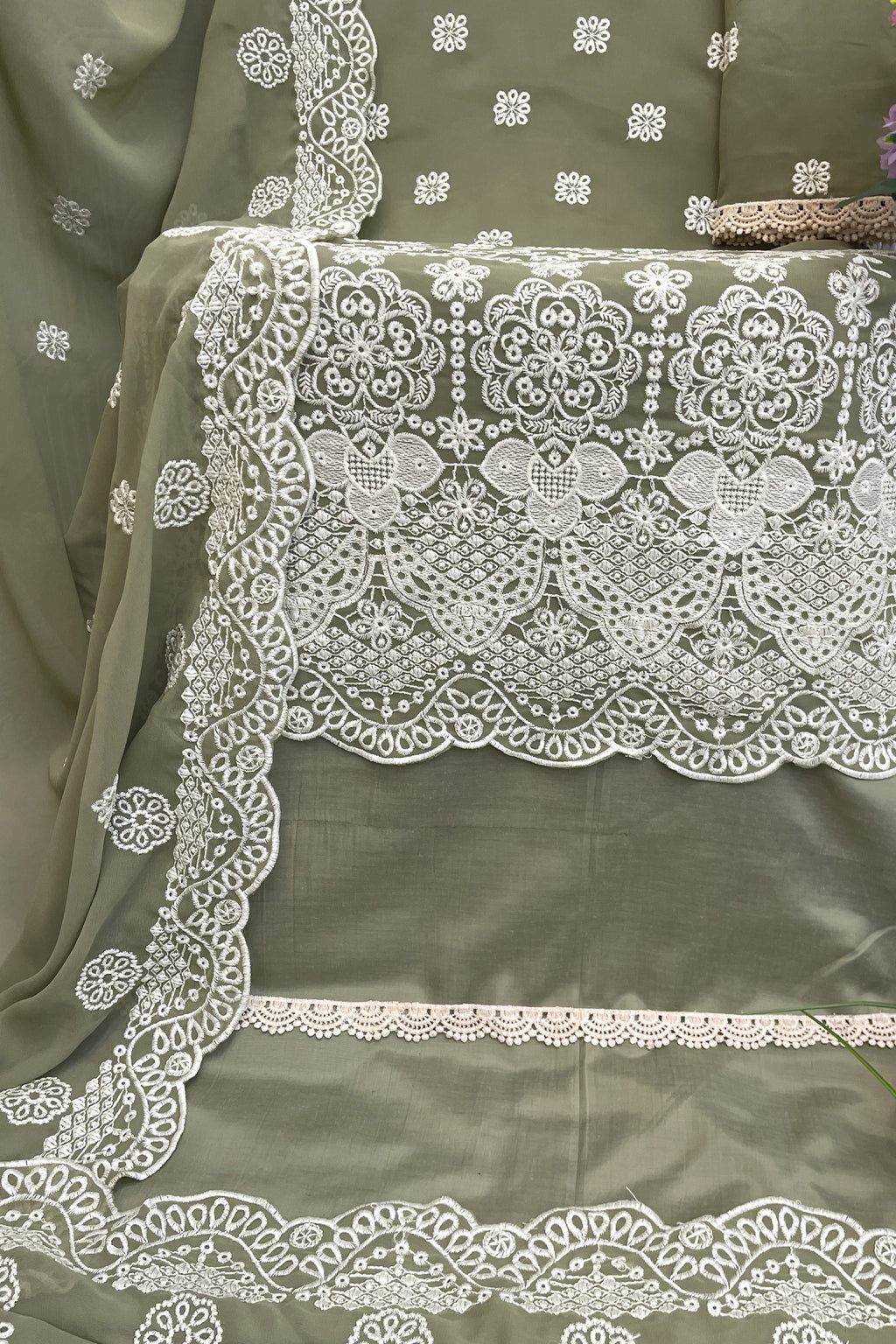 Olive Green Georgette Kameez With Pant For Indian & Pakistani Wedding Festival - Embroidery Work