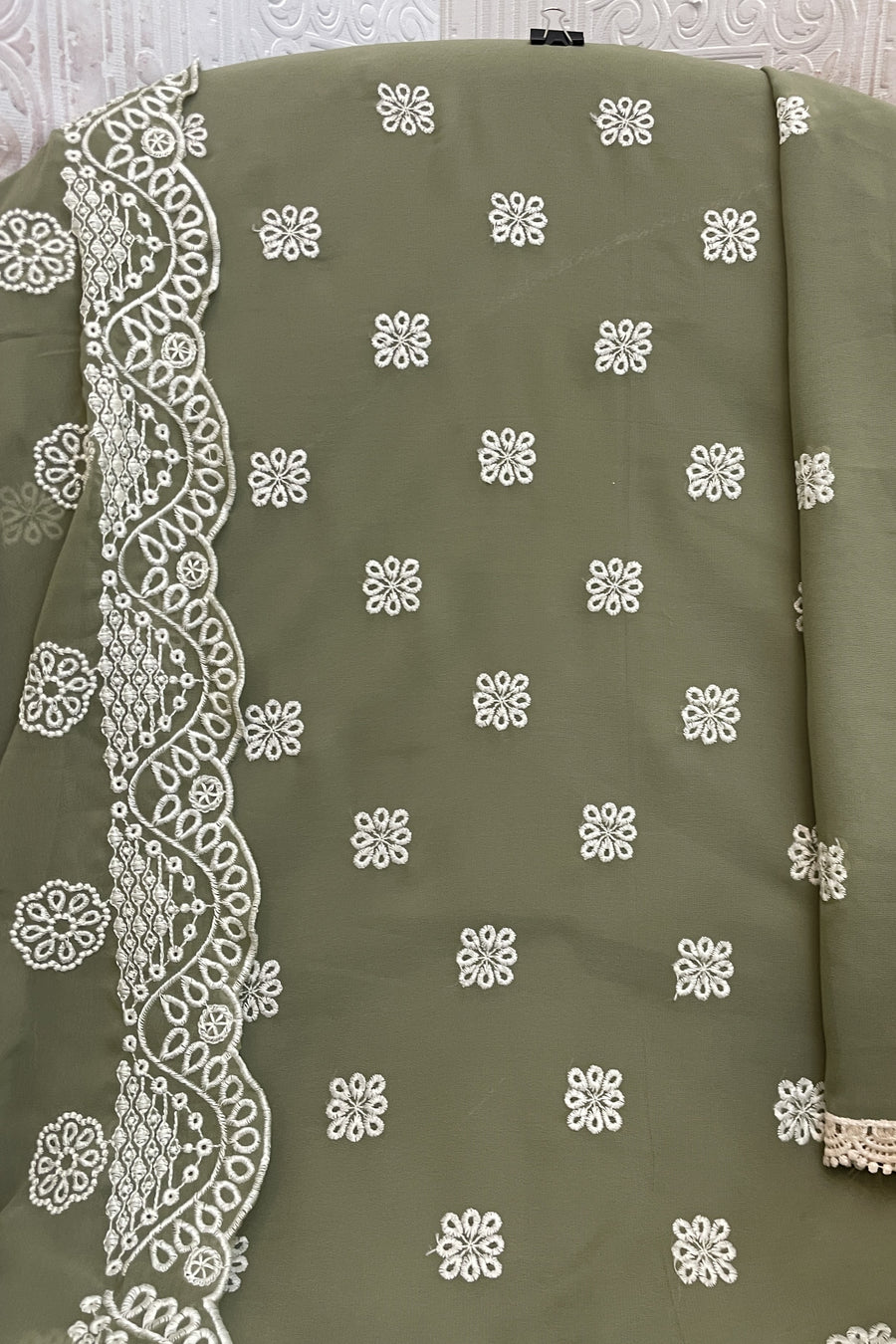 Olive Green Georgette Kameez With Pant For Indian & Pakistani Wedding Festival - Embroidery Work