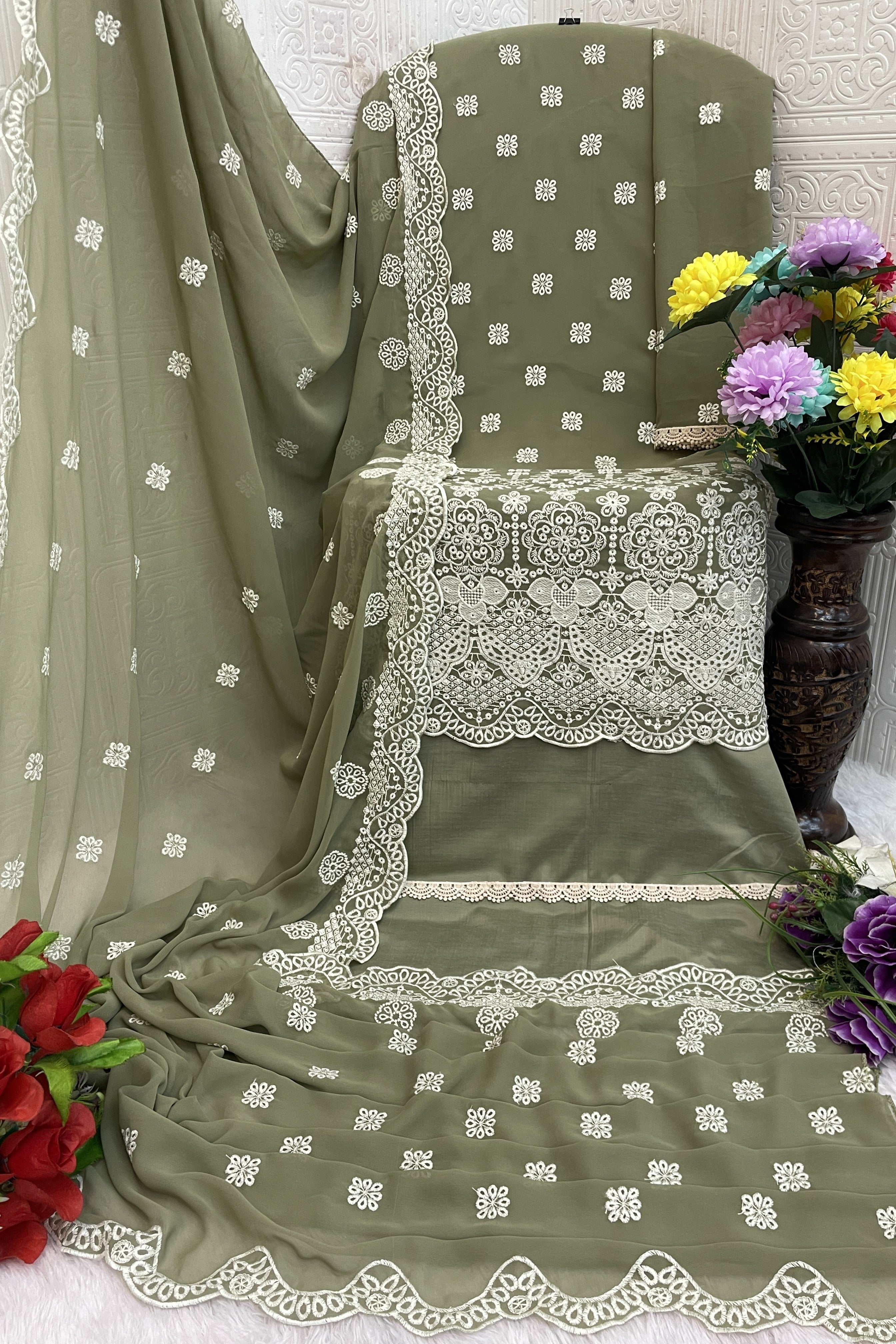 Olive Green Georgette Kameez With Pant For Indian & Pakistani Wedding Festival - Embroidery Work