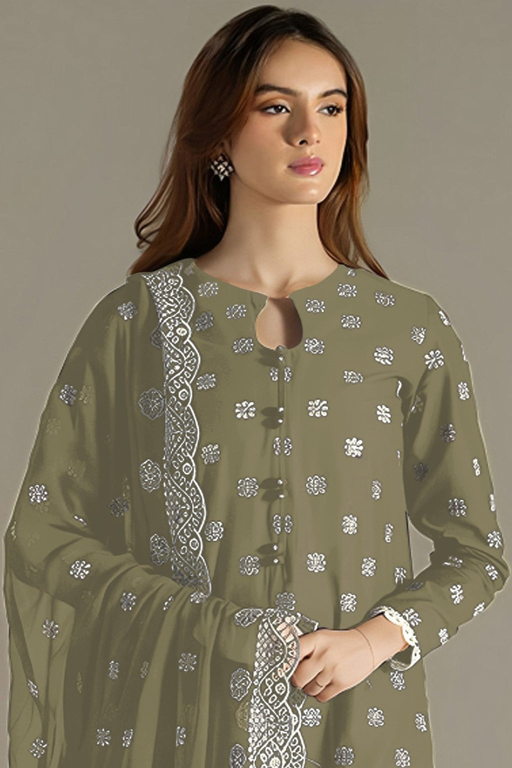 Olive Green Georgette Kameez With Pant For Indian & Pakistani Wedding Festival - Embroidery Work