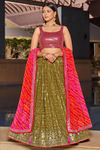 Olive Green Georgette Lehenga Choli For Indian & Pakistani Wedding Festival - Zari Work, Sequins & Thread Embroidery Work, Print Work