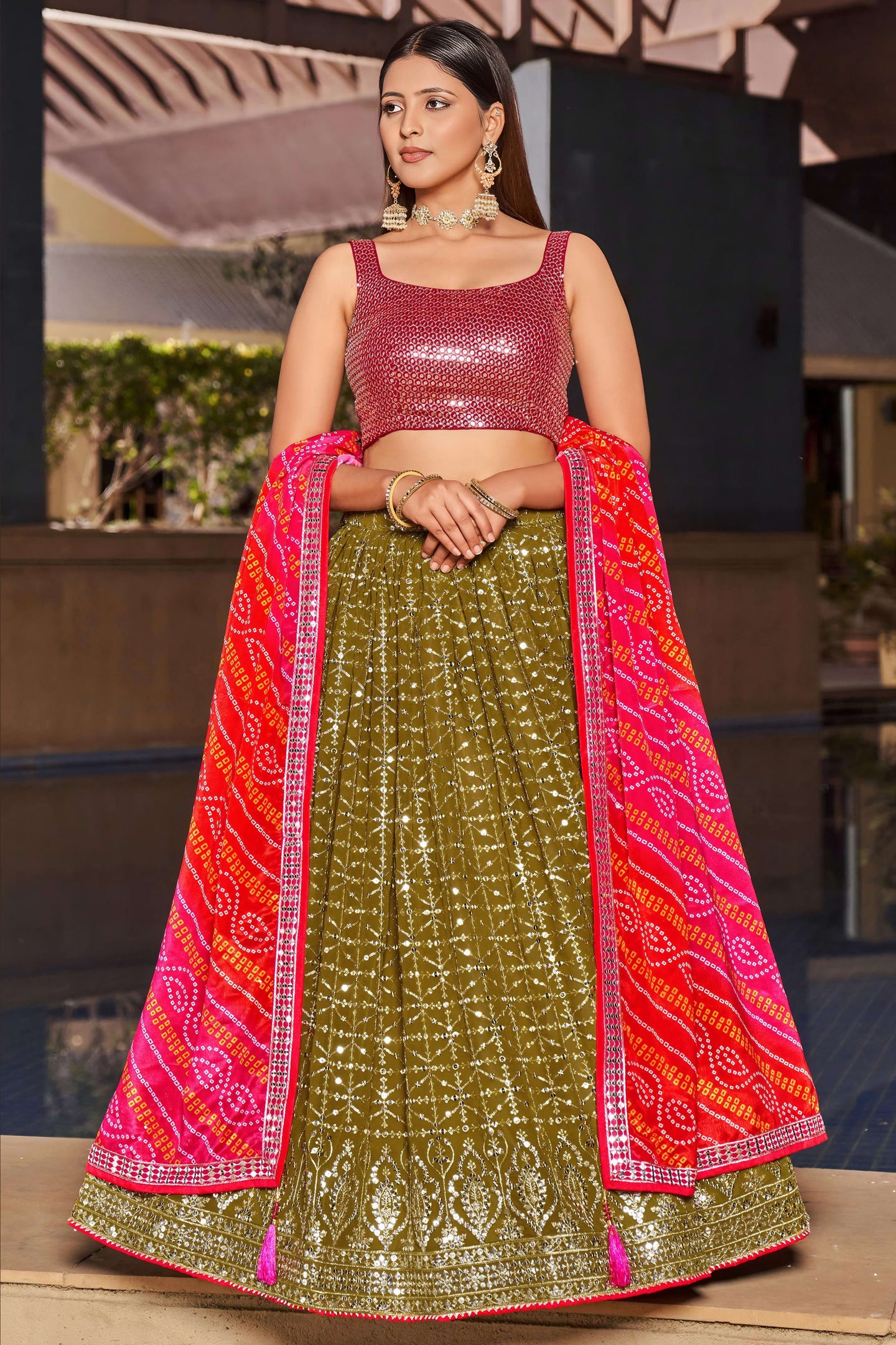 Olive Green Georgette Lehenga Choli For Indian & Pakistani Wedding Festival - Zari Work, Sequins & Thread Embroidery Work, Print Work