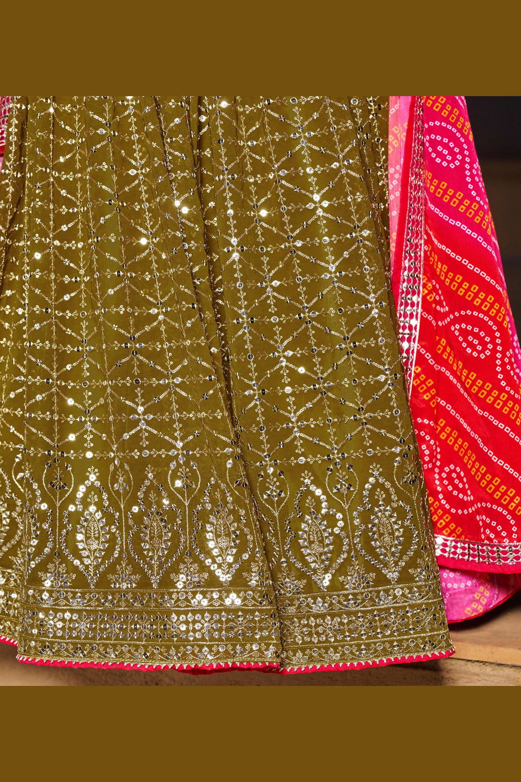 Olive Green Georgette Lehenga Choli For Indian & Pakistani Wedding Festival - Zari Work, Sequins & Thread Embroidery Work, Print Work