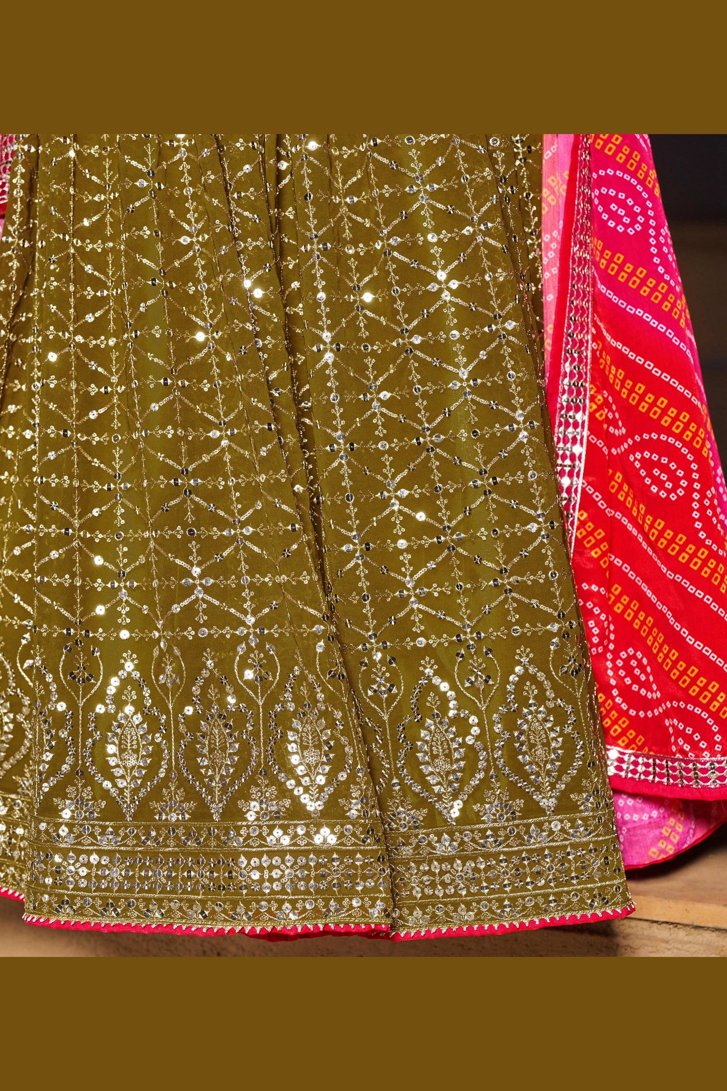 Olive Green Georgette Lehenga Choli For Indian & Pakistani Wedding Festival - Zari Work, Sequins & Thread Embroidery Work, Print Work