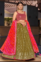 Olive Green Georgette Lehenga Choli For Indian & Pakistani Wedding Festival - Zari Work, Sequins & Thread Embroidery Work, Print Work