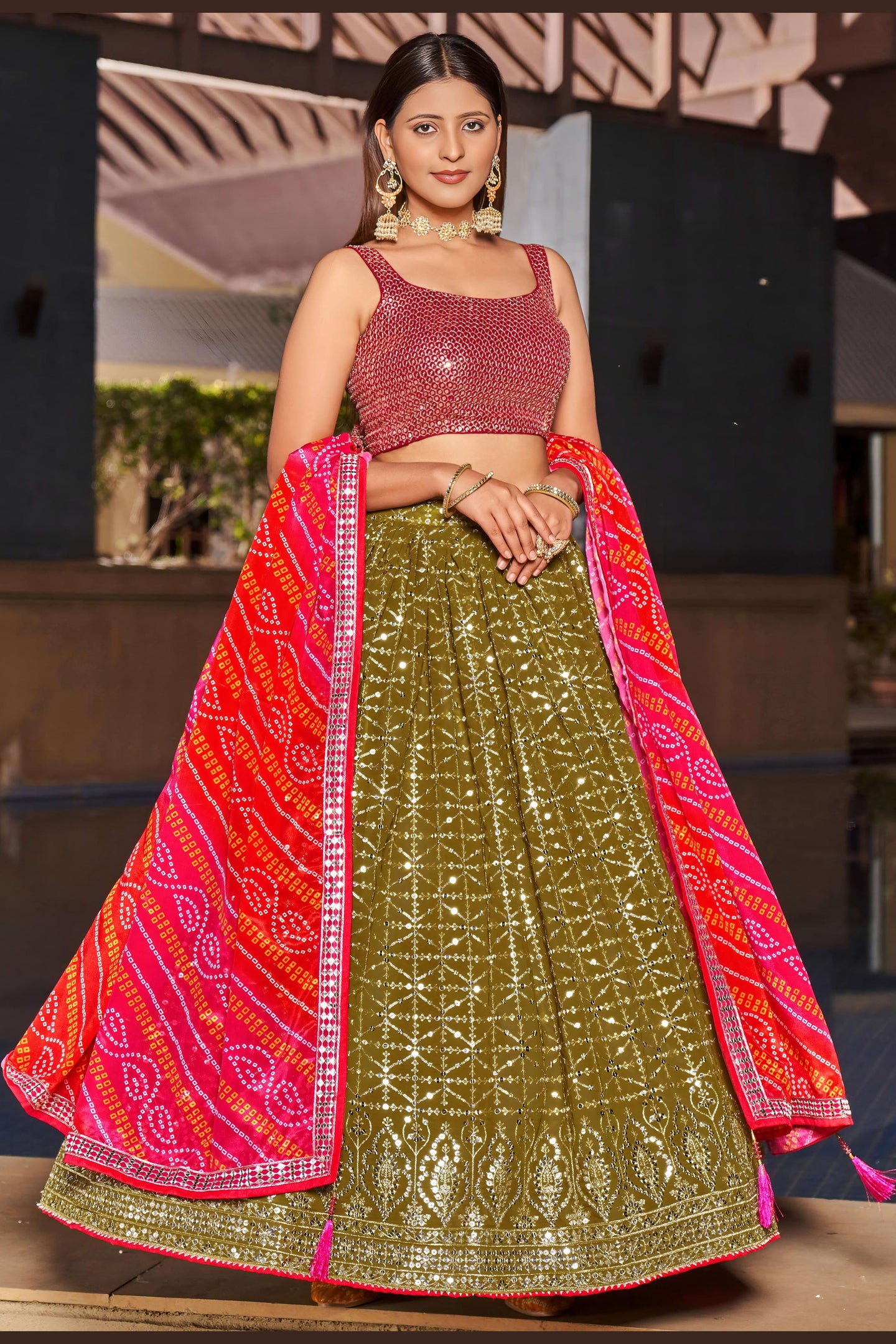 Olive Green Georgette Lehenga Choli For Indian & Pakistani Wedding Festival - Zari Work, Sequins & Thread Embroidery Work, Print Work