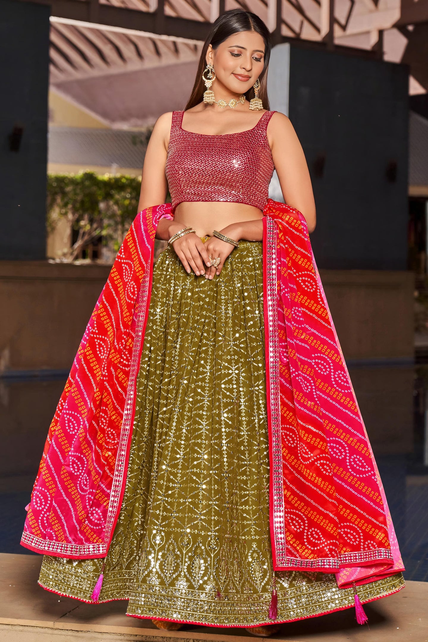 Olive Green Georgette Lehenga Choli For Indian & Pakistani Wedding Festival - Zari Work, Sequins & Thread Embroidery Work, Print Work