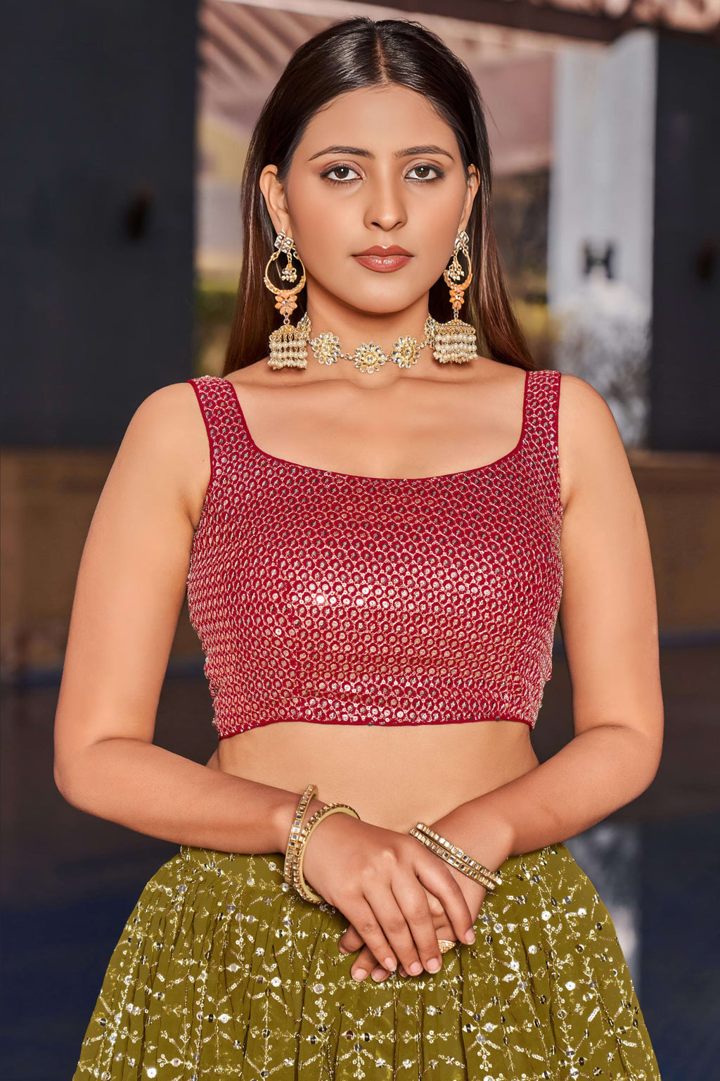 Olive Green Georgette Lehenga Choli For Indian & Pakistani Wedding Festival - Zari Work, Sequins & Thread Embroidery Work, Print Work