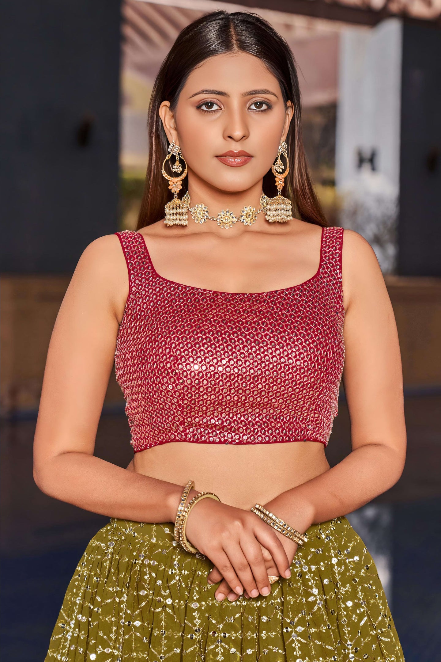 Olive Green Georgette Lehenga Choli For Indian & Pakistani Wedding Festival - Zari Work, Sequins & Thread Embroidery Work, Print Work