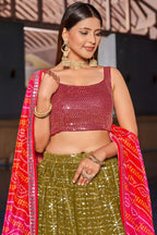 Olive Green Georgette Lehenga Choli For Indian & Pakistani Wedding Festival - Zari Work, Sequins & Thread Embroidery Work, Print Work