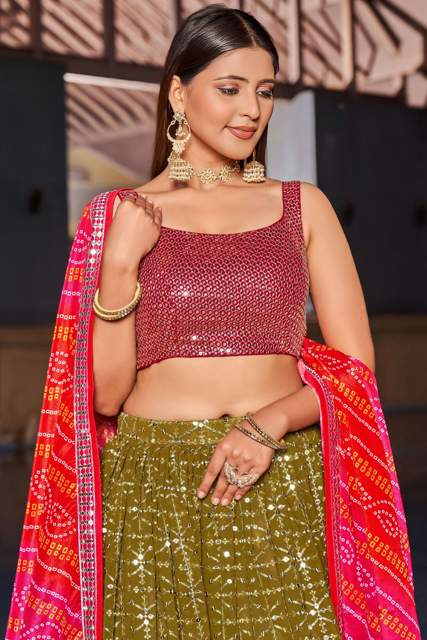 Olive Green Georgette Lehenga Choli For Indian & Pakistani Wedding Festival - Zari Work, Sequins & Thread Embroidery Work, Print Work