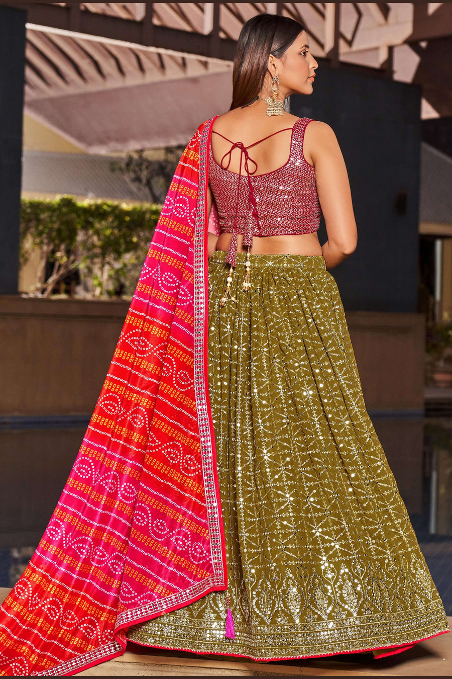 Olive Green Georgette Lehenga Choli For Indian & Pakistani Wedding Festival - Zari Work, Sequins & Thread Embroidery Work, Print Work