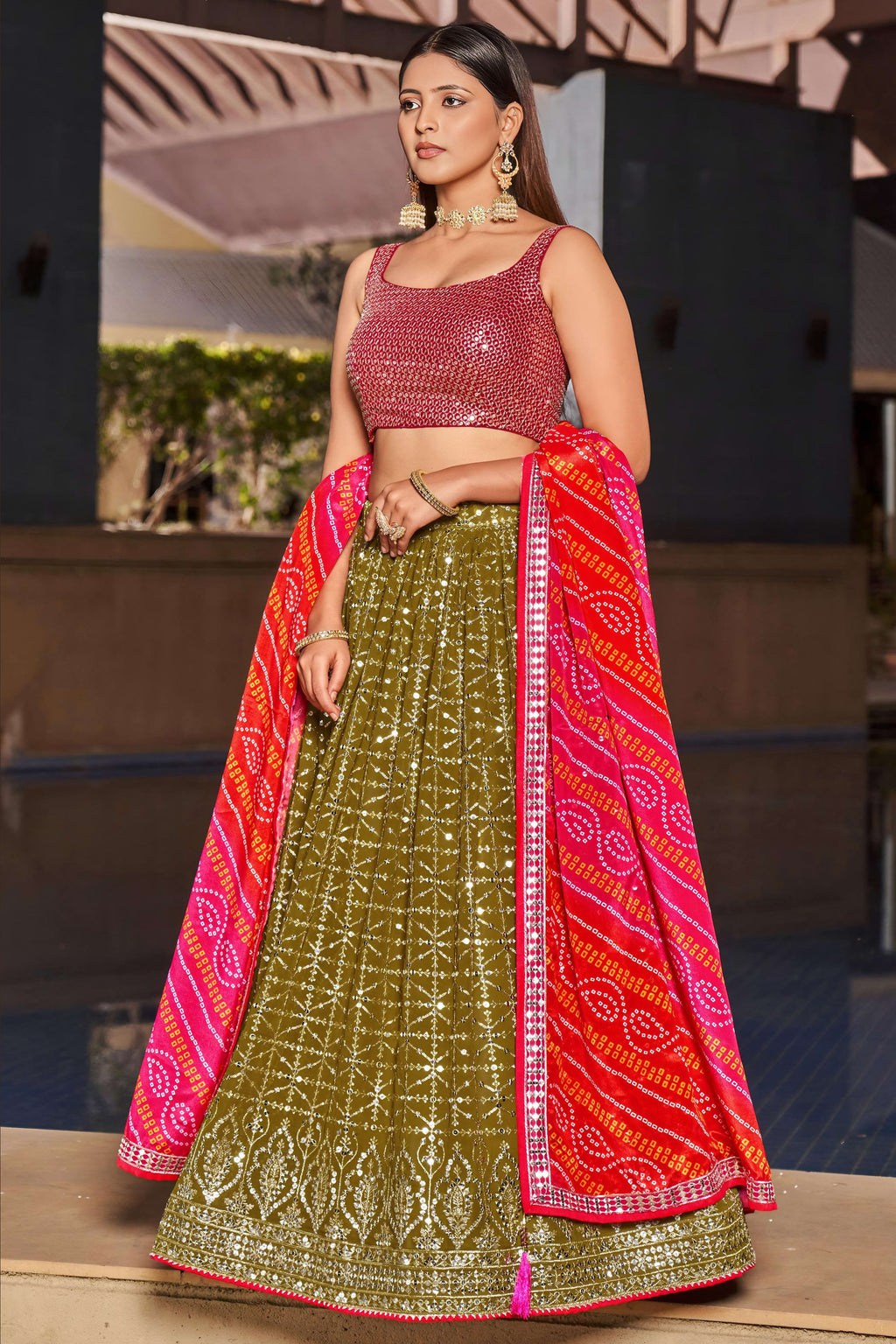 Olive Green Georgette Lehenga Choli For Indian & Pakistani Wedding Festival - Zari Work, Sequins & Thread Embroidery Work, Print Work