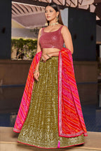 Olive Green Georgette Lehenga Choli For Indian & Pakistani Wedding Festival - Zari Work, Sequins & Thread Embroidery Work, Print Work