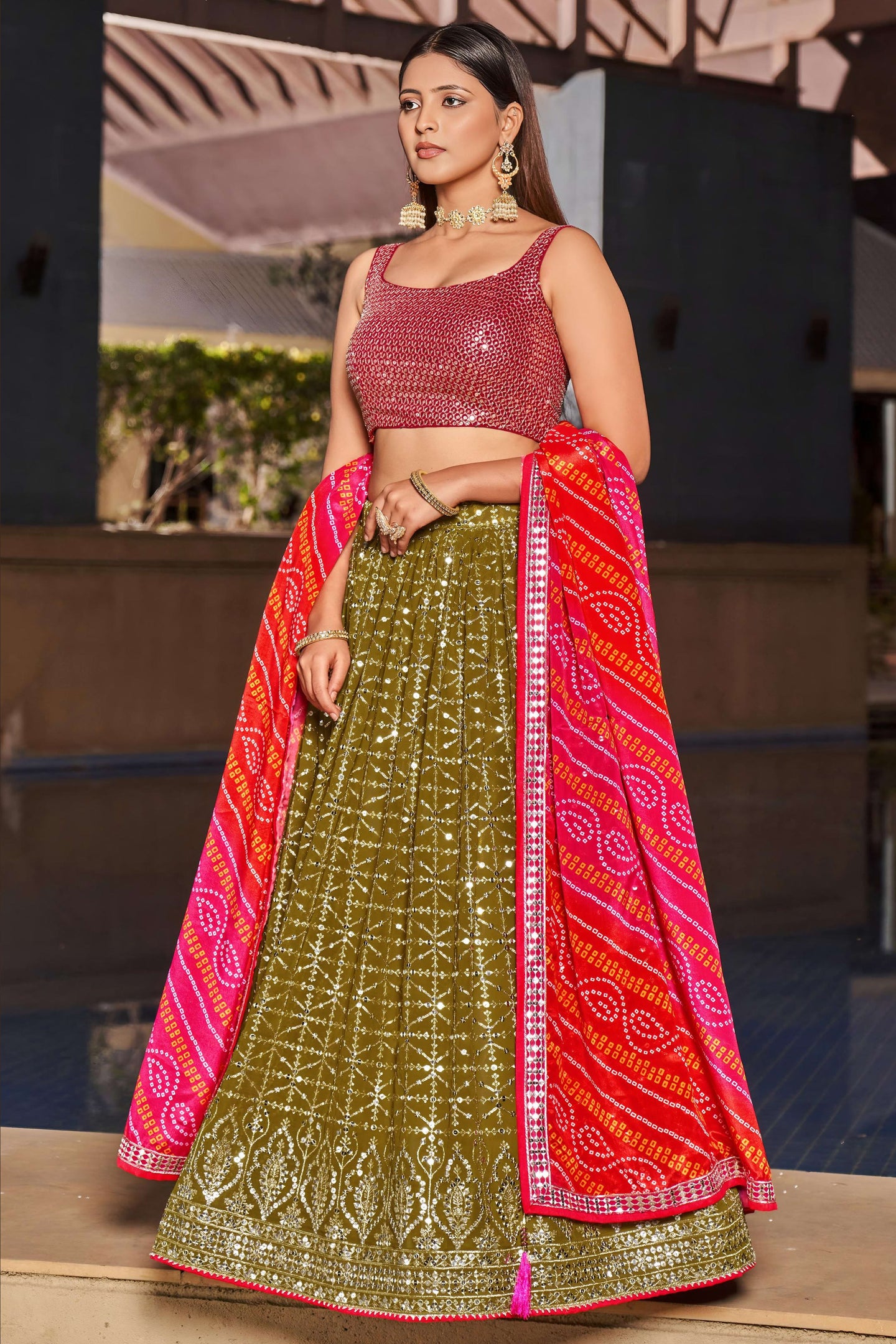 Olive Green Georgette Lehenga Choli For Indian & Pakistani Wedding Festival - Zari Work, Sequins & Thread Embroidery Work, Print Work