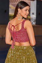 Olive Green Georgette Lehenga Choli For Indian & Pakistani Wedding Festival - Zari Work, Sequins & Thread Embroidery Work, Print Work