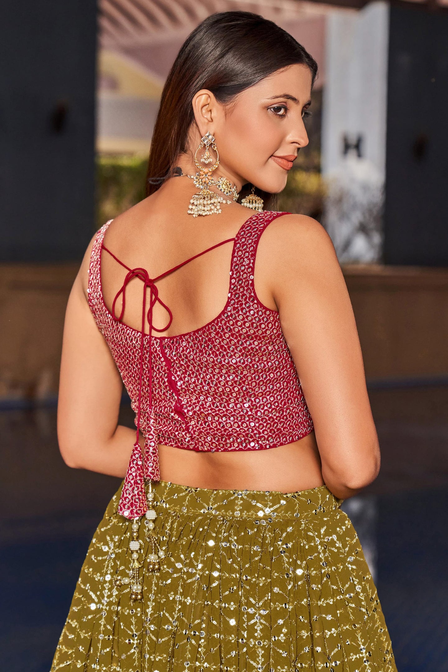 Olive Green Georgette Lehenga Choli For Indian & Pakistani Wedding Festival - Zari Work, Sequins & Thread Embroidery Work, Print Work
